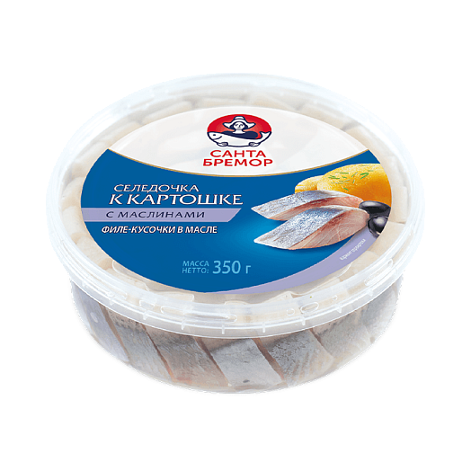 Herring fillet pieces "Santa Bremor" with black olives, in oil 350 g